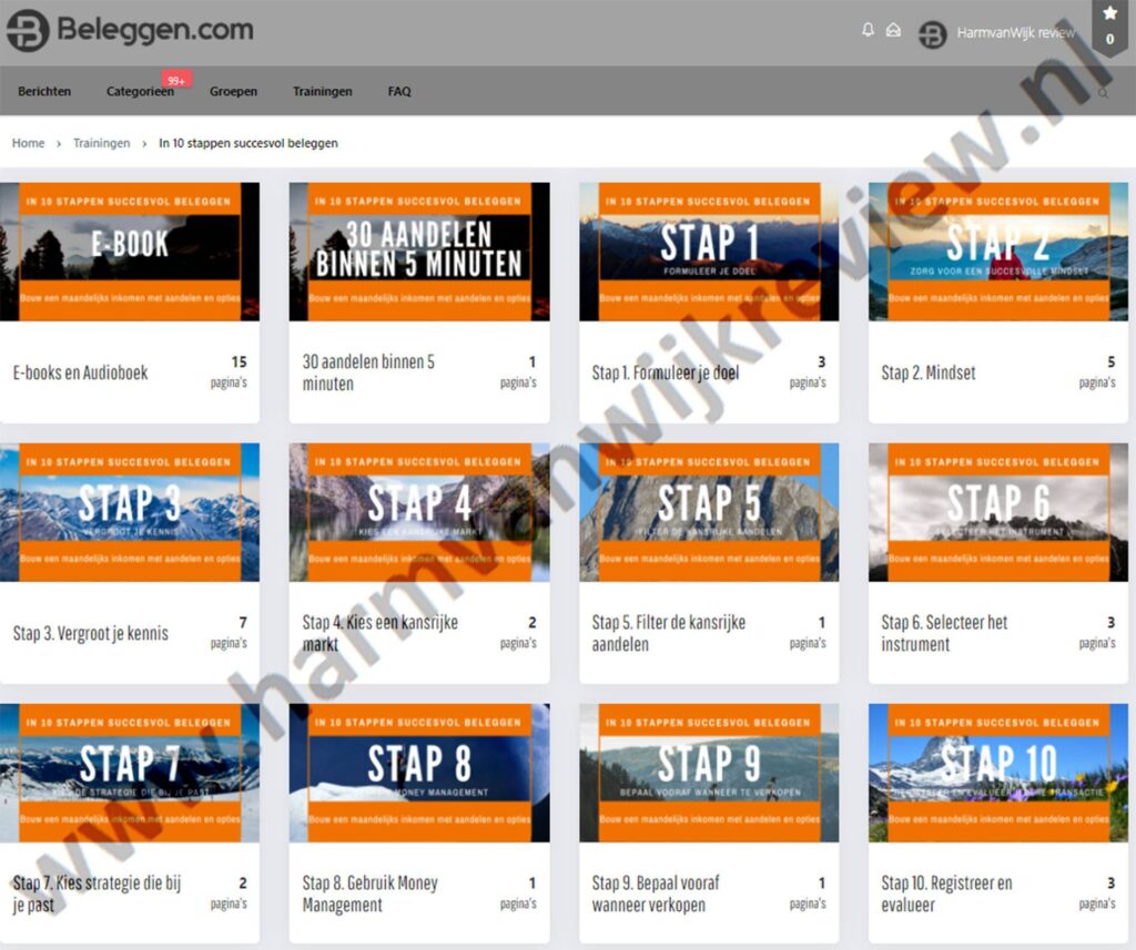 Op deze foto zie je de online omgeving van De training ‘In 10 stappen succesvol beleggen’ van harm van wijk